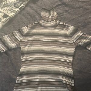 Relativity Striped Turtleneck Top - Black, White, Brown